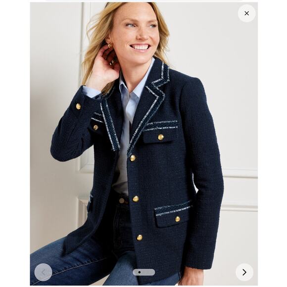 Talbots Contrast Trim Tweed Jacket Size 16P 16 Lady Blazer Navy Blue Preppy Ivy - Picture 2 of 12